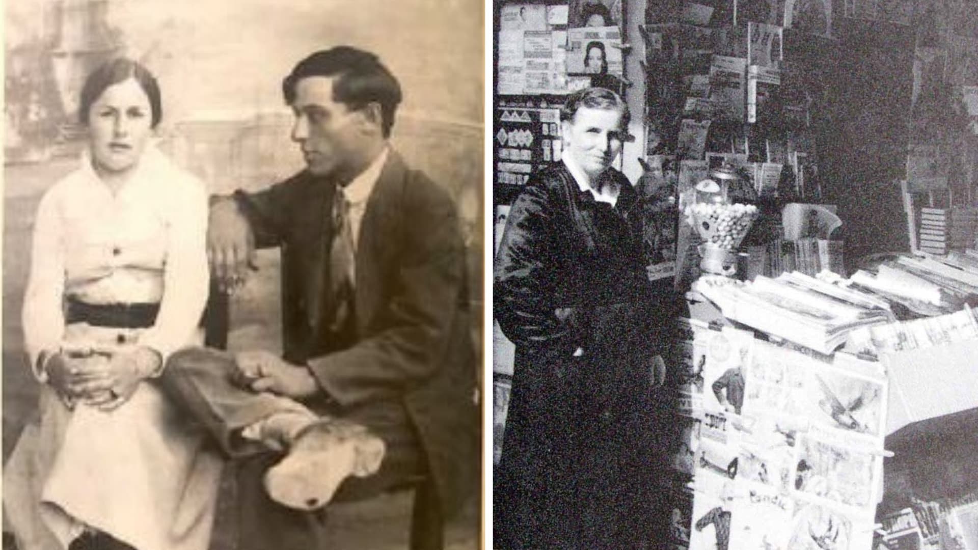 Olga Cuoghi Panini con il marito Antonio e di fronte alla sua edicola