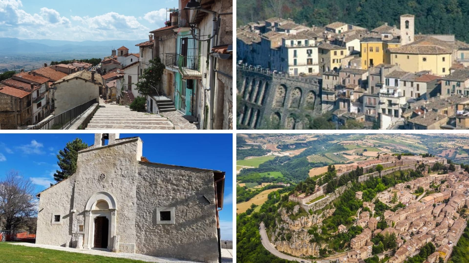 A sinistra: in alto Aielli, sotto l'Abbazia di Santa Lucia; a destra Castelli e Civitella del Tronto