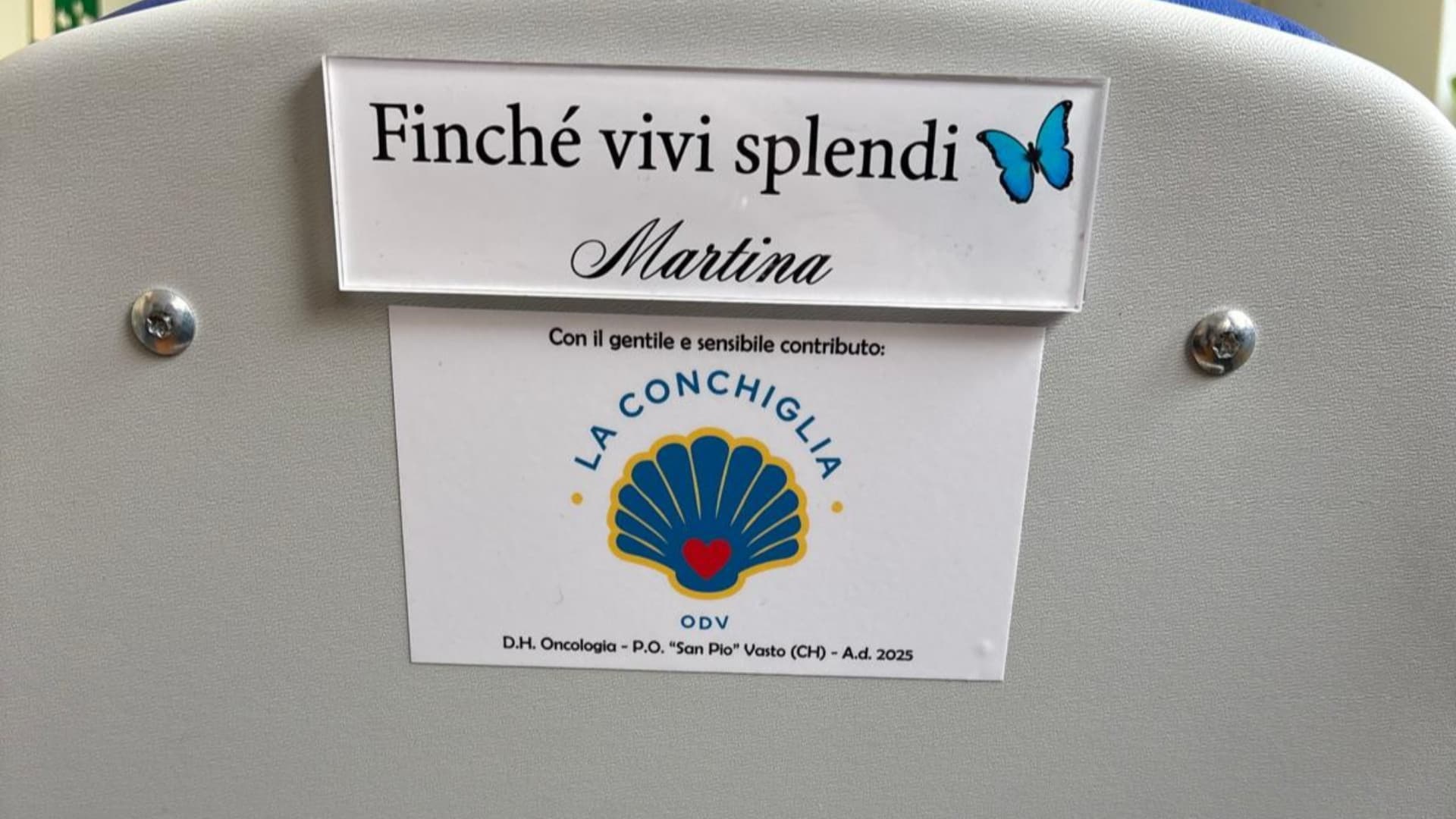 Vasto, poltrona per i pazienti nel ricordo di Martina Talamo