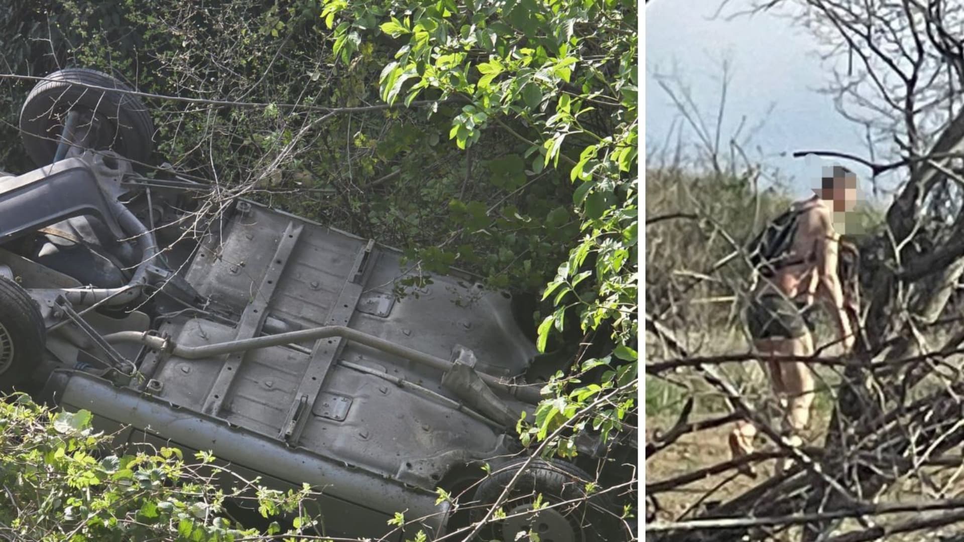 L'auto fuori strada e un momento del tentativo di fuga