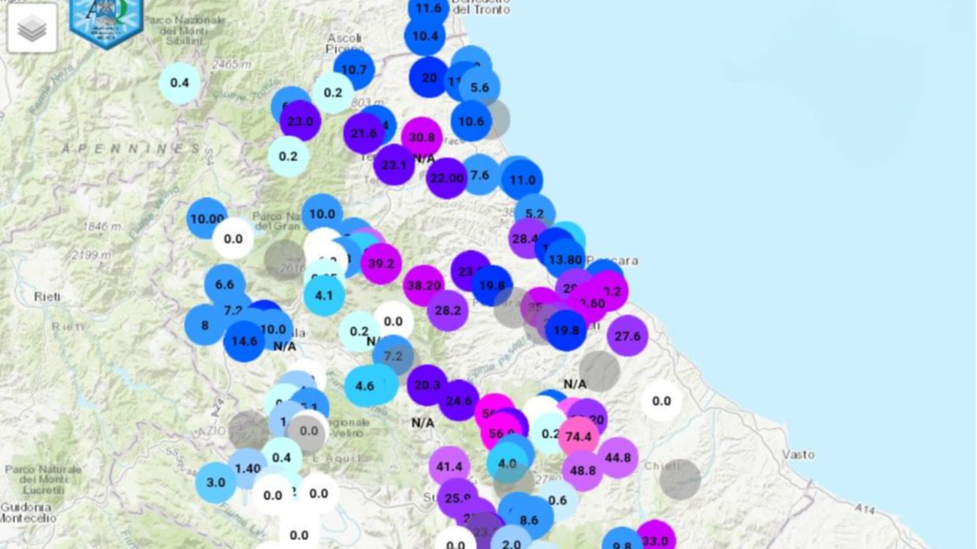 I cumulati di pioggia alle 21 di mercoledì 31 (foto Meteo-AbruzzoSegreto)
