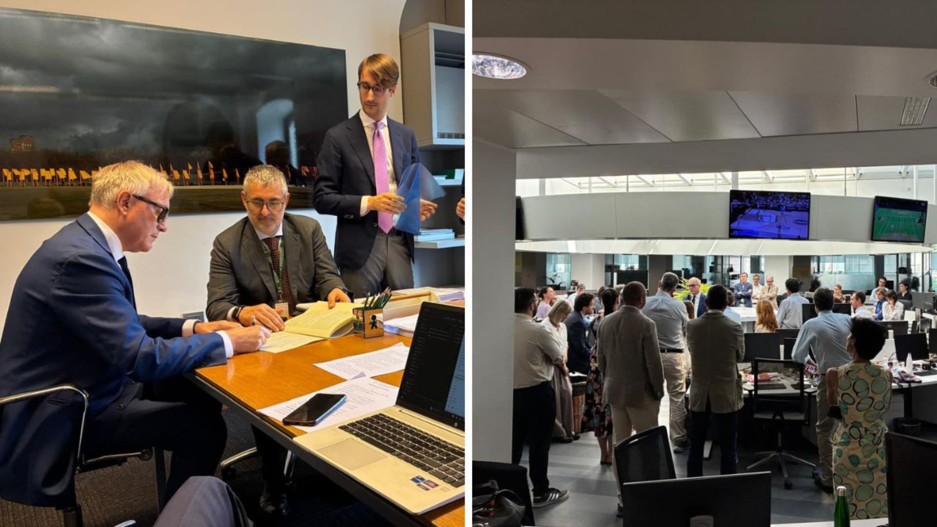 La firma del presidente Leonardis e il suo ingresso nella redazione de La Stampa