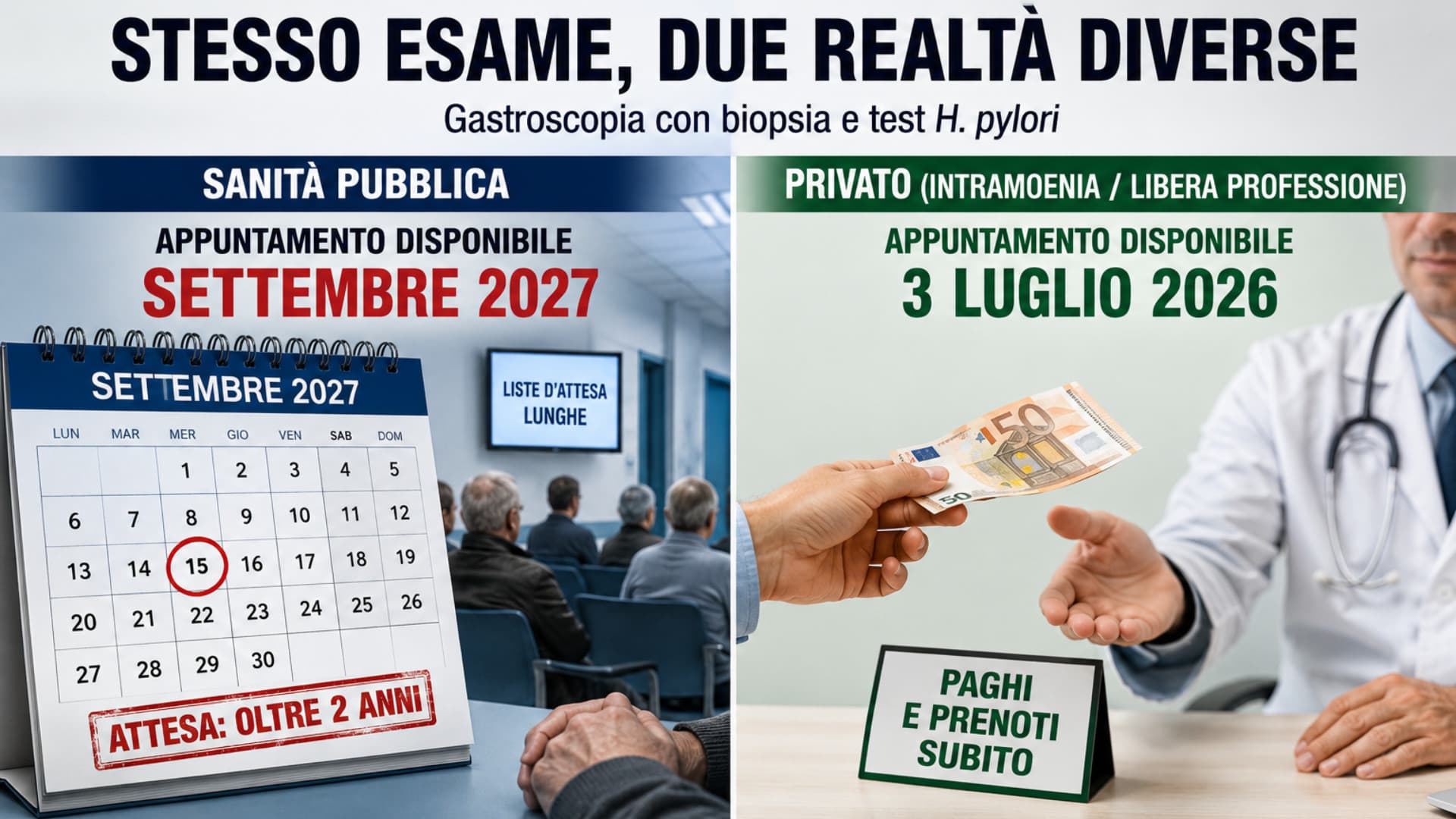Gastroscopia, attese fino al 2027 nel pubblico. Ma a pagamento l'esame è disponibile in pochi giorni