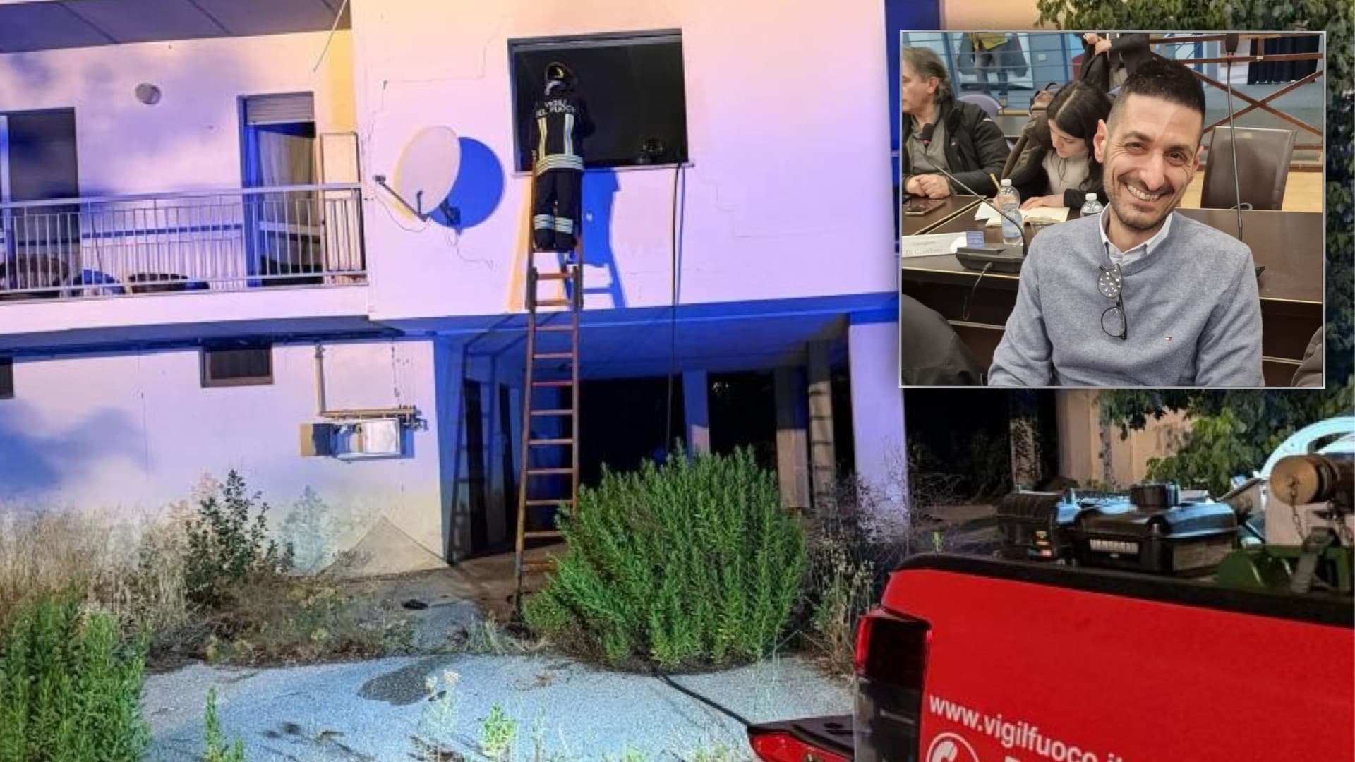 Il consigliere Paolo Rapagnani e i vigili del fuoco in una palazzina Ater