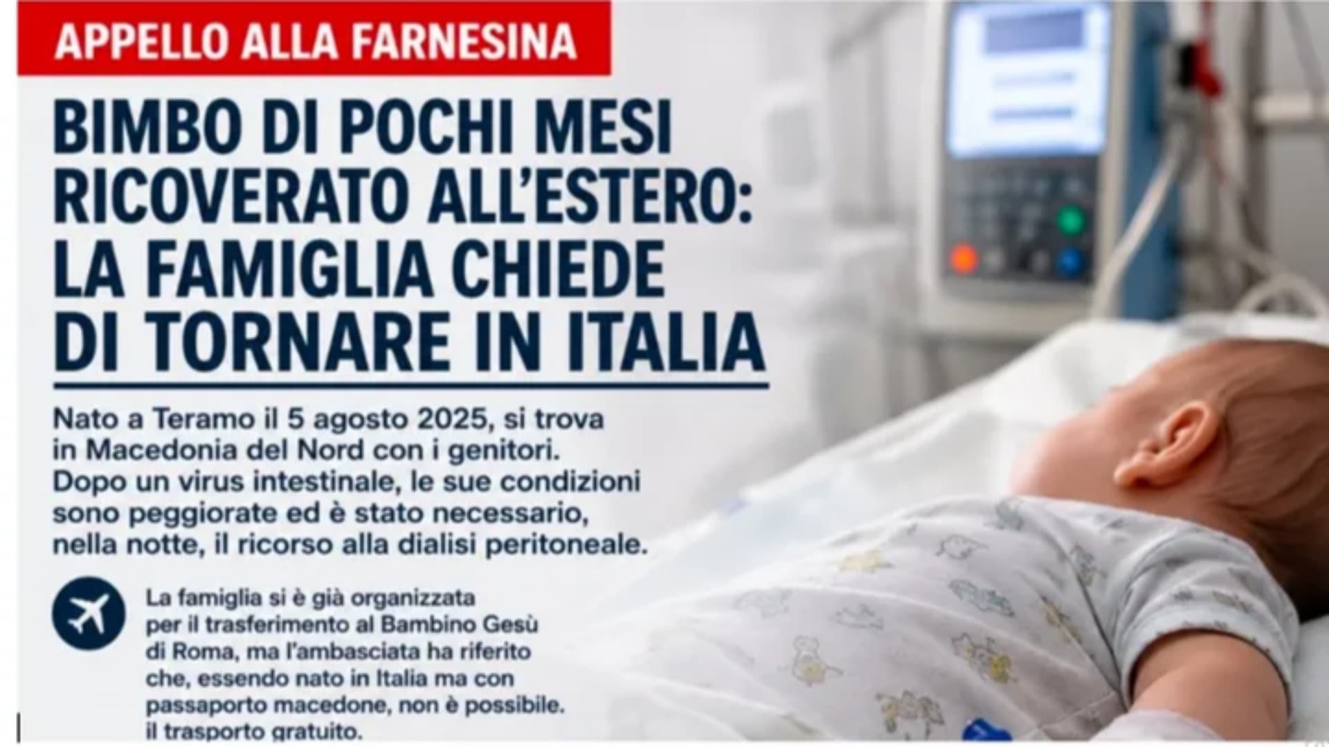 Il piccolo nato a Teramo è finalmente tornato in Italia: ora una raccolta per aiutare la famiglia