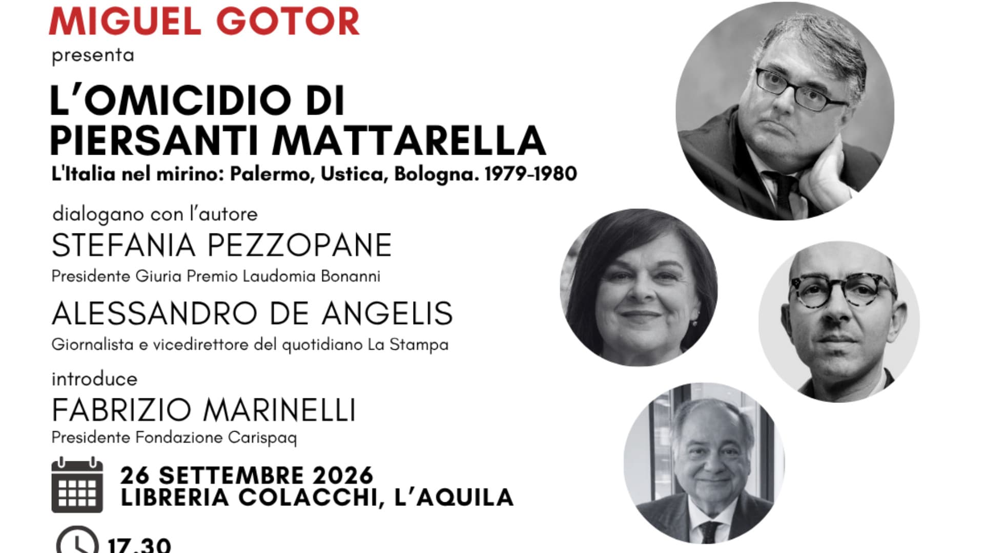 L'Aquila, libri: si presenta "L’omicidio di Piersanti Mattarella. L’Italia nel mirino: Palermo, Ustica, Bologna 1979-1980”