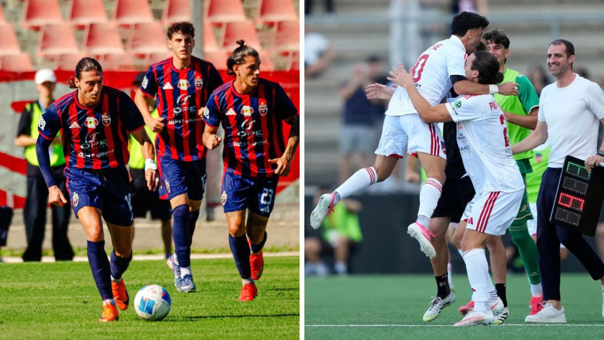 Un'azione dell'Aquila (foto dal club, Fb) e l'esultanza del Teramo nell'ultimo match (foto Fb, Danilo Di Giovanni)