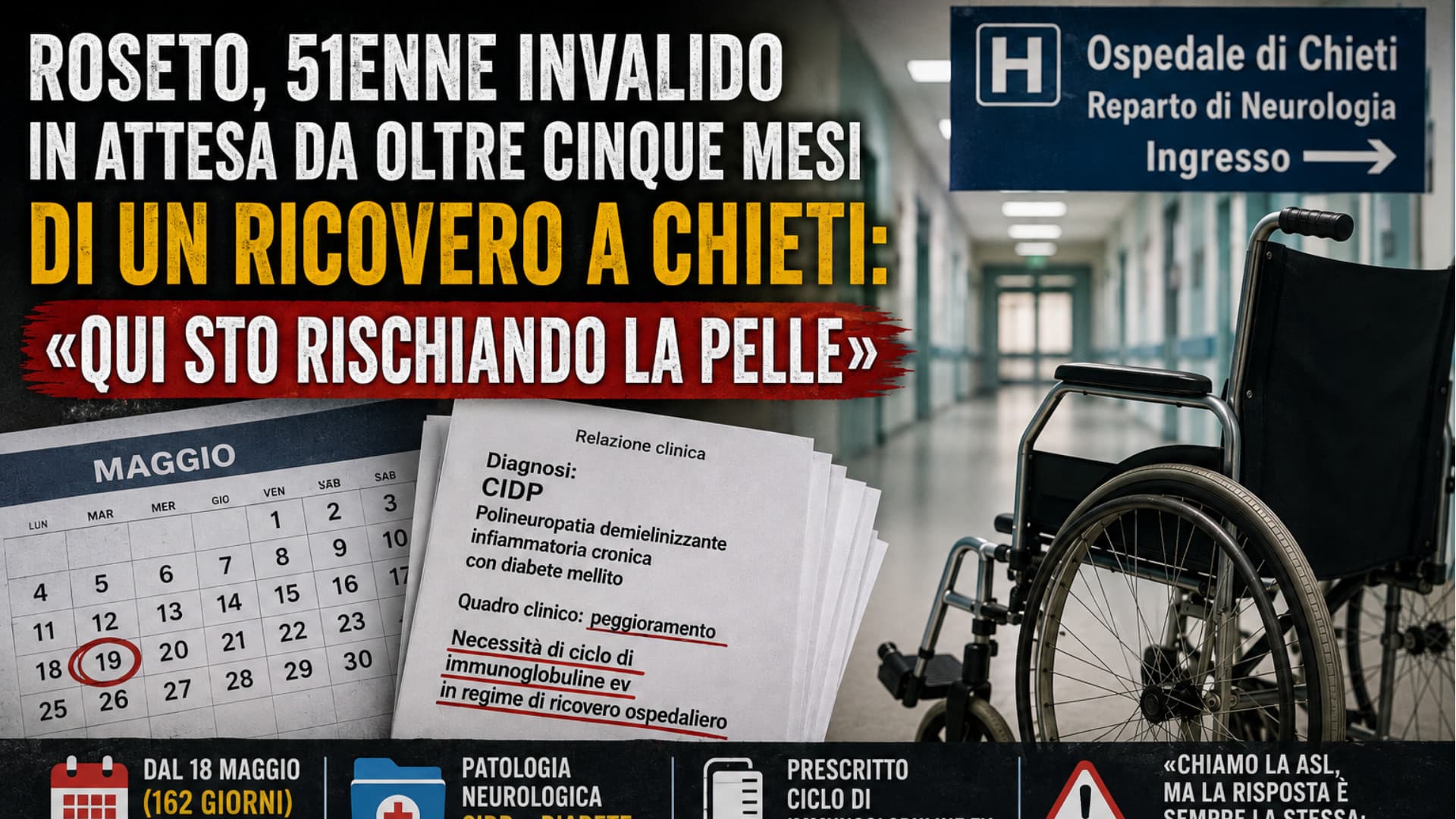 Roseto, 51enne invalido in attesa da oltre cinque mesi di un ricovero a Chieti: «Qui sto rischiando la pelle»