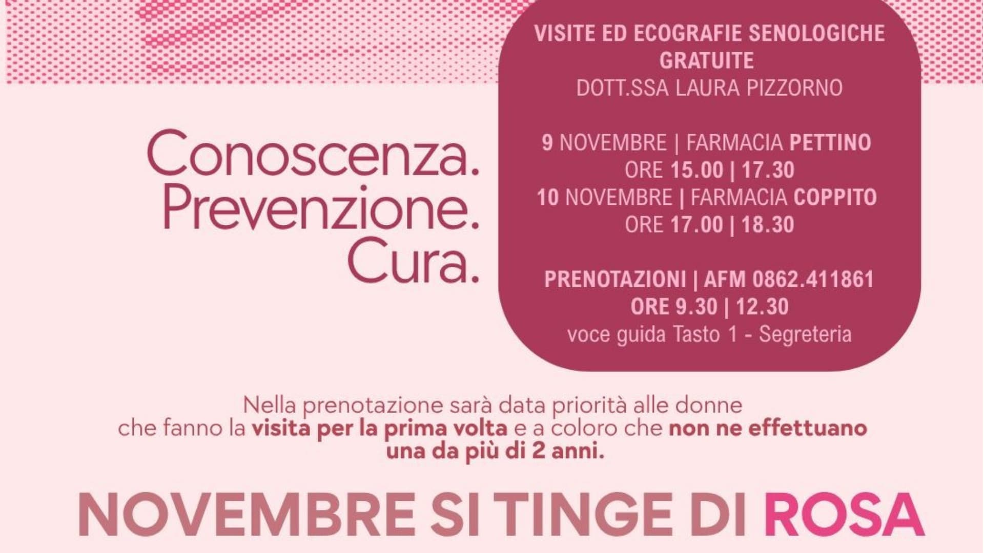 L'Aquila, prevenzione del tumore al seno: “Novembre si tinge di rosa”